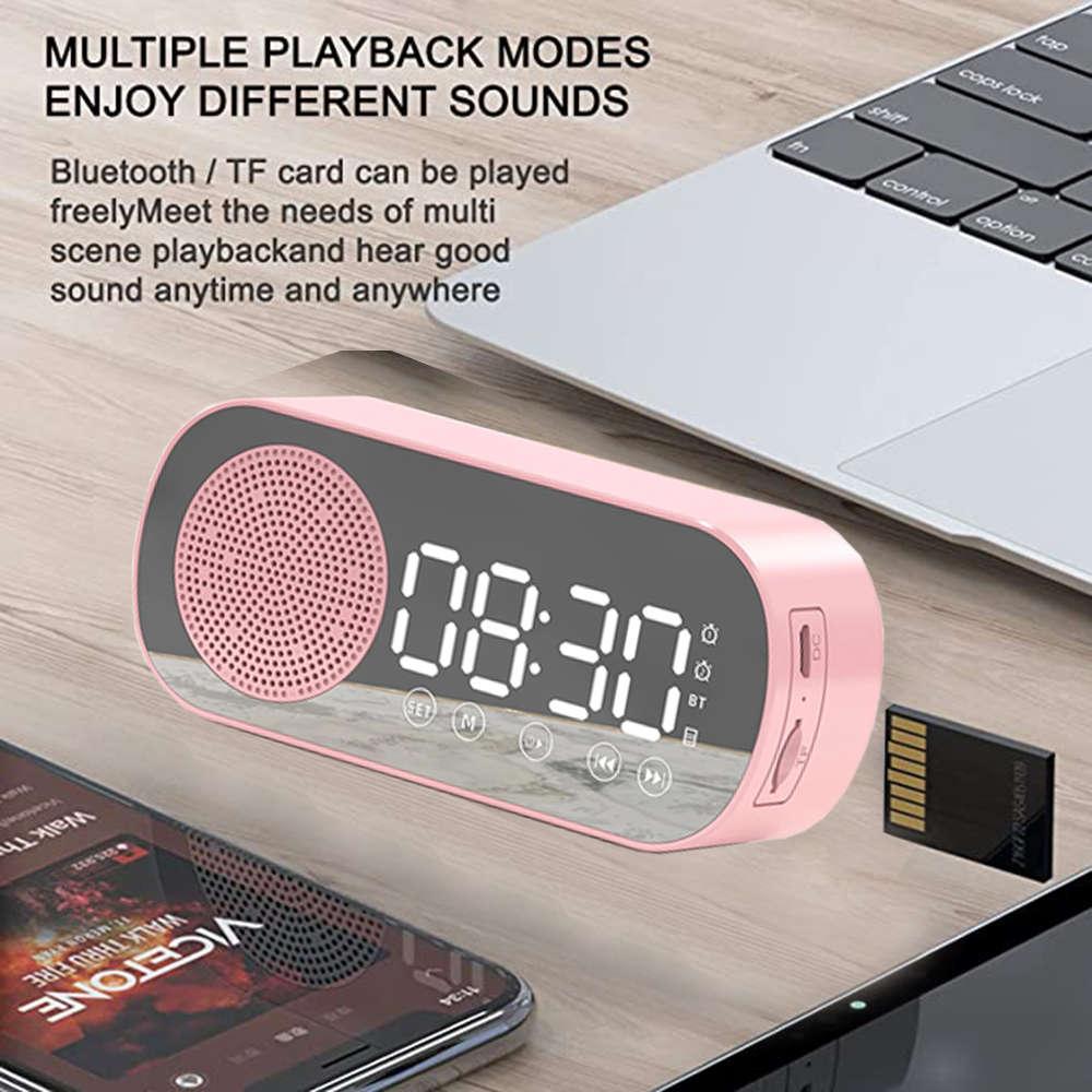 LCD Mirror Dual Alarm Clock With TF Card Bluetooth Speaker FM Radio - Pink