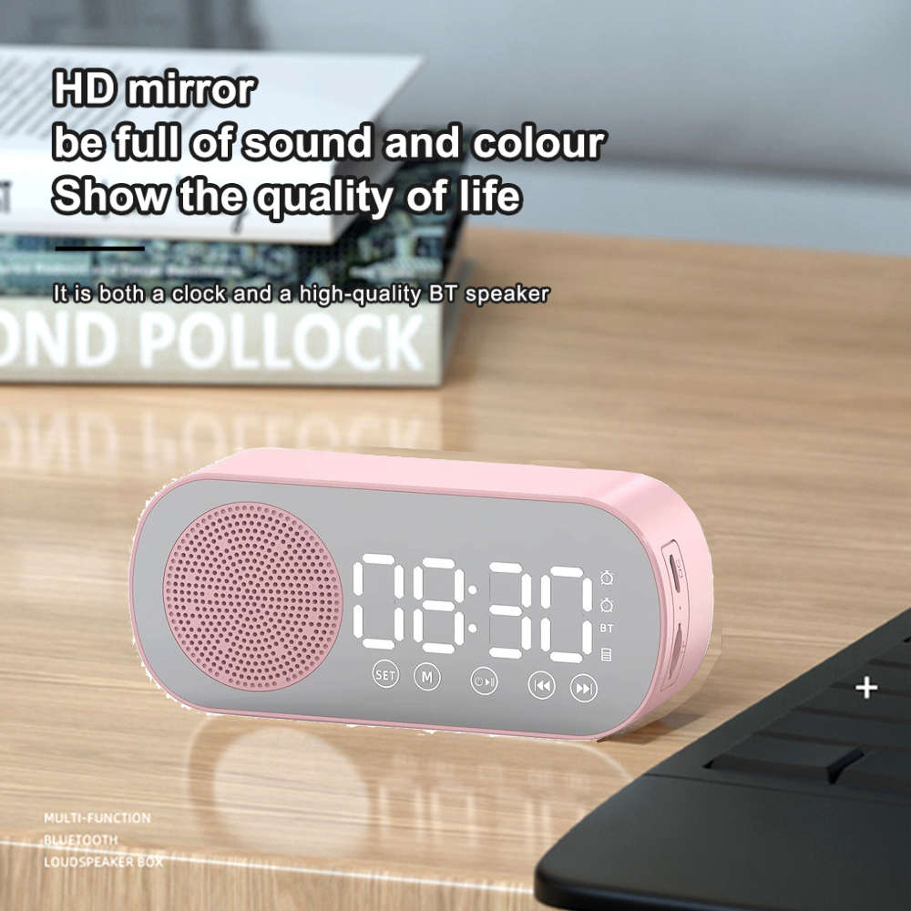 LCD Mirror Dual Alarm Clock With TF Card Bluetooth Speaker FM Radio - Pink