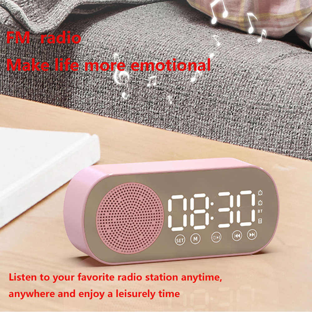 LCD Mirror Dual Alarm Clock With TF Card Bluetooth Speaker FM Radio - Pink