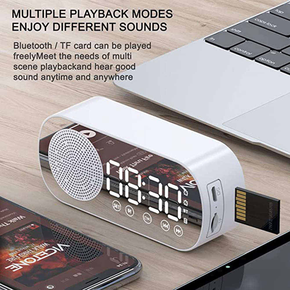 LCD Mirror Dual Alarm Clock With TF Card Bluetooth Speaker FM Radio - White