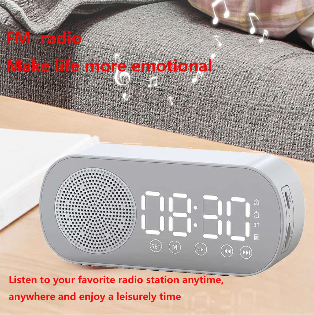 LCD Mirror Dual Alarm Clock With TF Card Bluetooth Speaker FM Radio - White