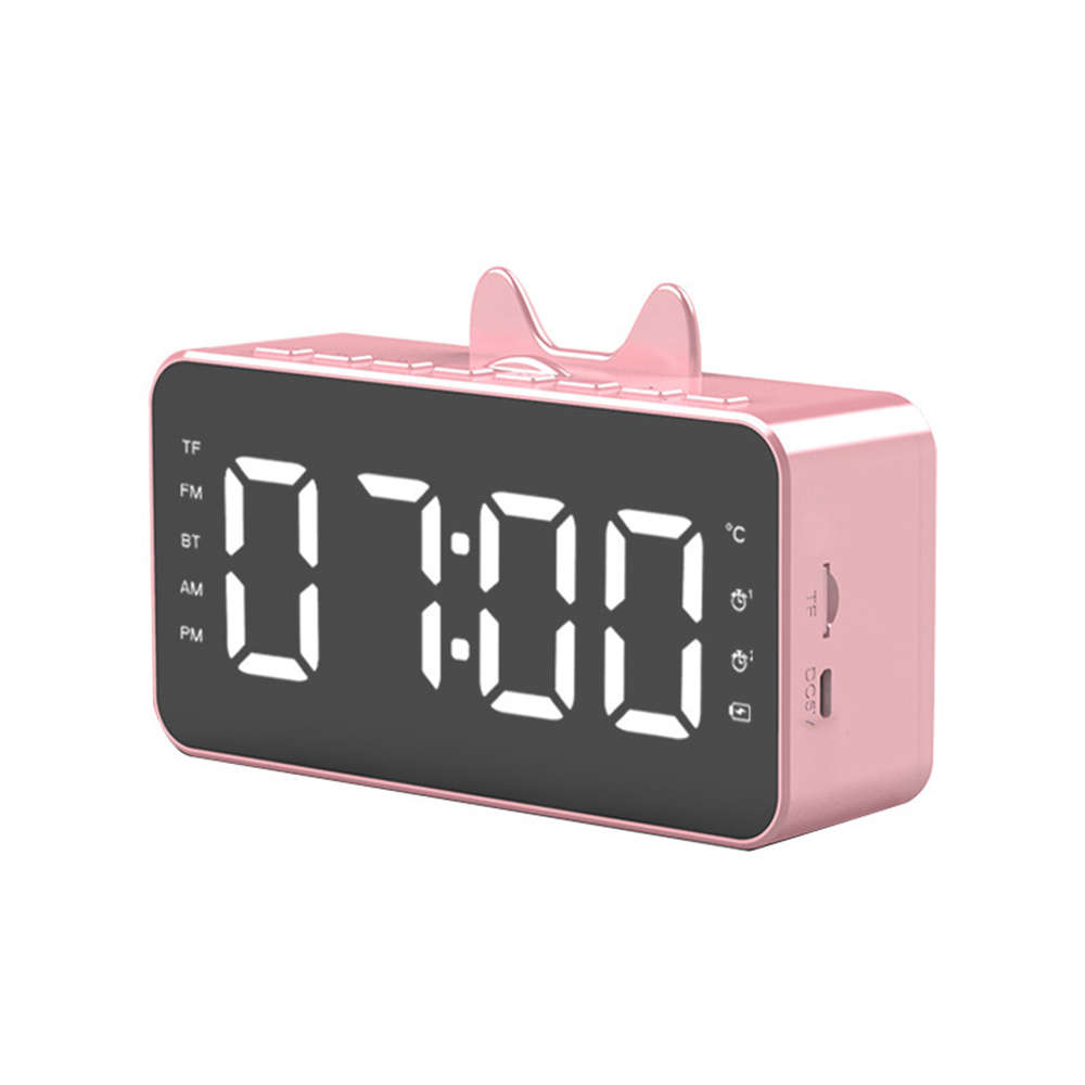 LCD Mirror Alarm Clock With TF Bluetooth Speaker FM Radio Thermometer Pink