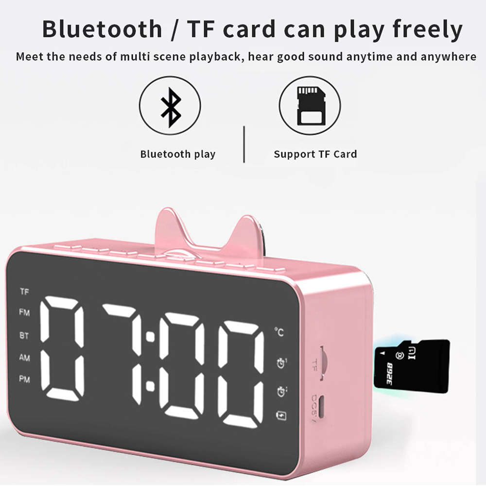 LCD Mirror Alarm Clock With TF Bluetooth Speaker FM Radio Thermometer Pink
