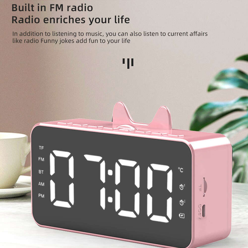 LCD Mirror Alarm Clock With TF Bluetooth Speaker FM Radio Thermometer Pink