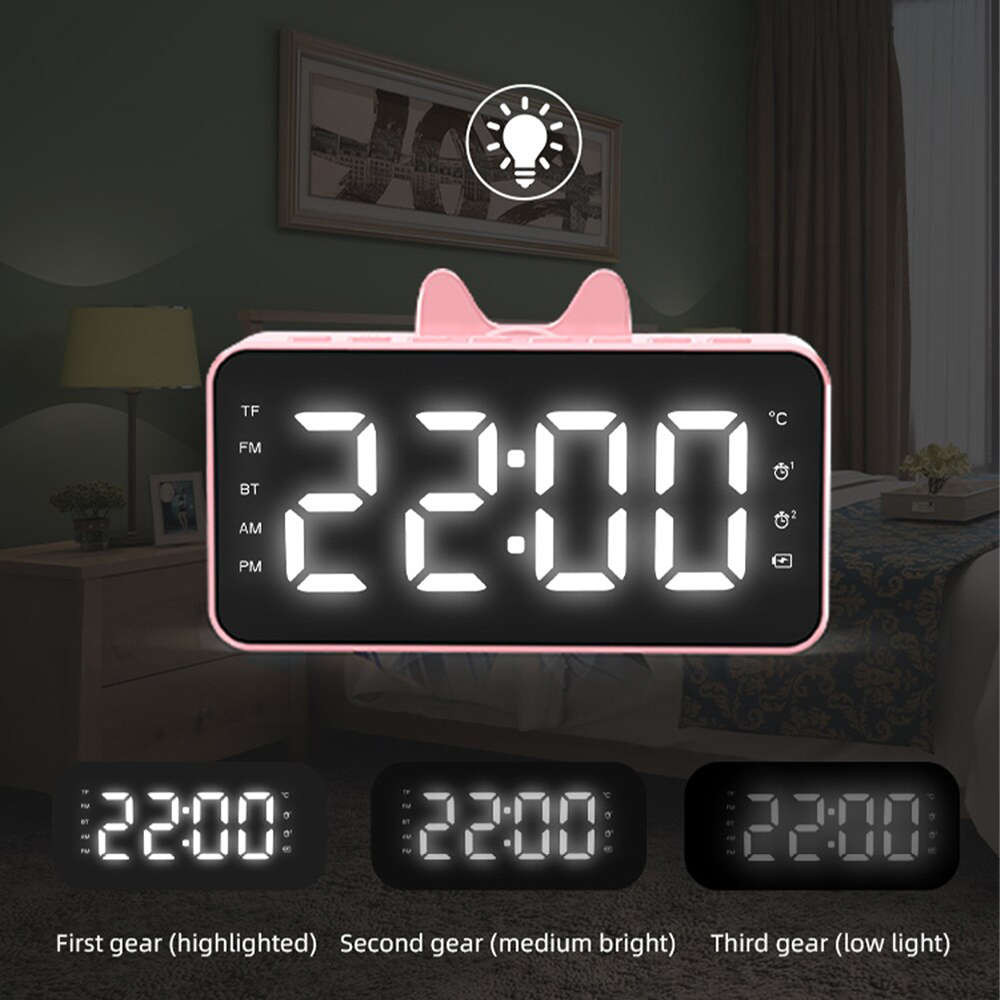 LCD Mirror Alarm Clock With TF Bluetooth Speaker FM Radio Thermometer Pink