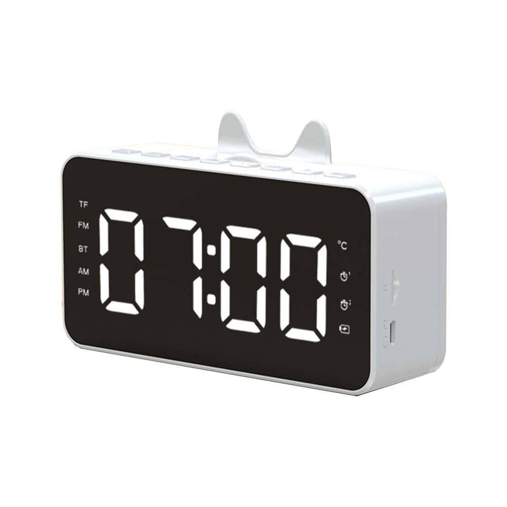 LCD Mirror Alarm Clock With TF Bluetooth Speaker FM Radio Thermometer White