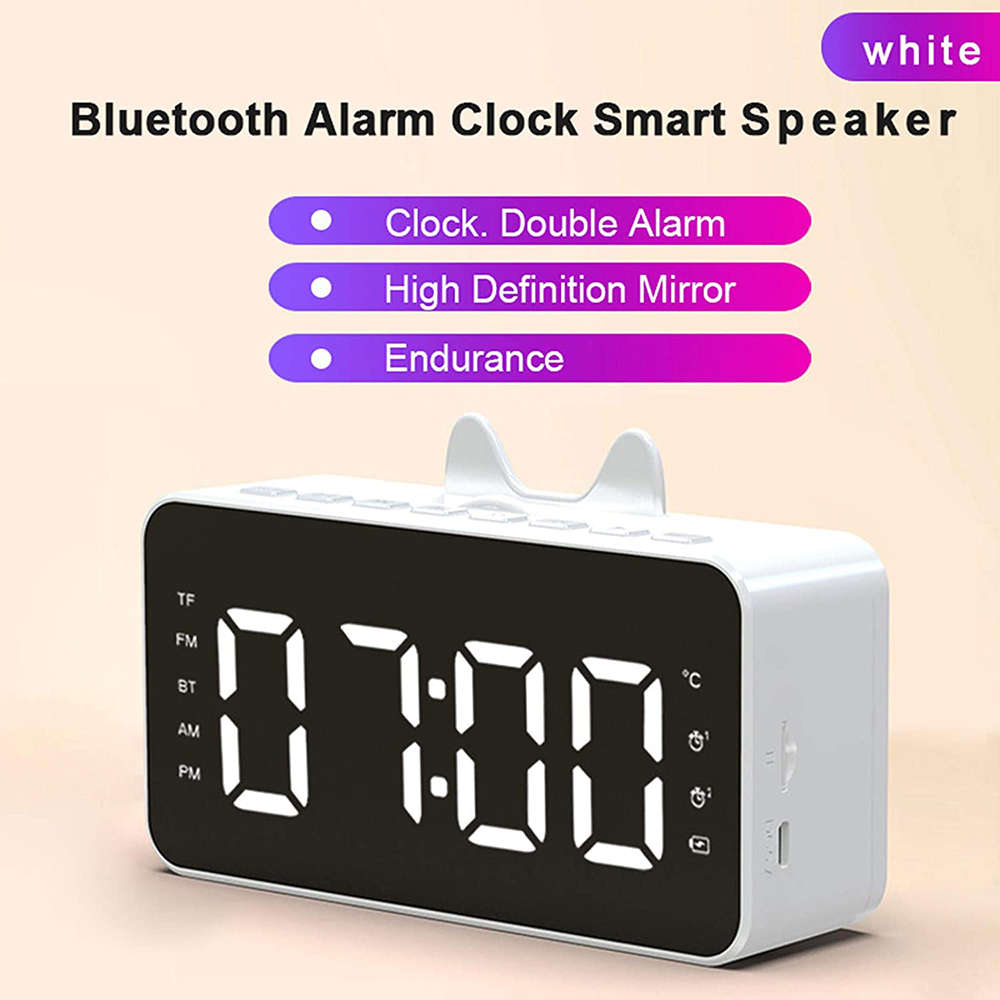 LCD Mirror Alarm Clock With TF Bluetooth Speaker FM Radio Thermometer White