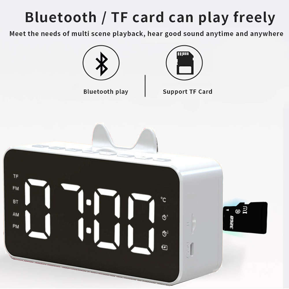 LCD Mirror Alarm Clock With TF Bluetooth Speaker FM Radio Thermometer White