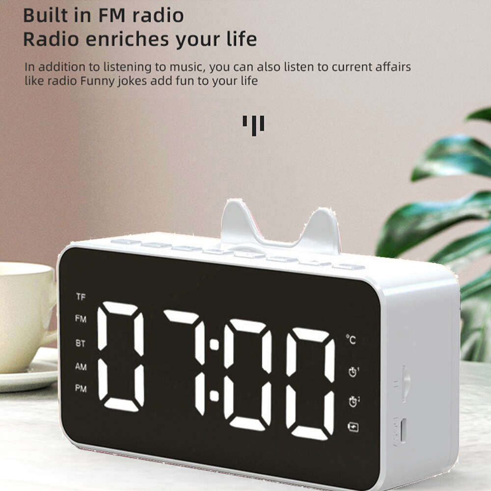 LCD Mirror Alarm Clock With TF Bluetooth Speaker FM Radio Thermometer White