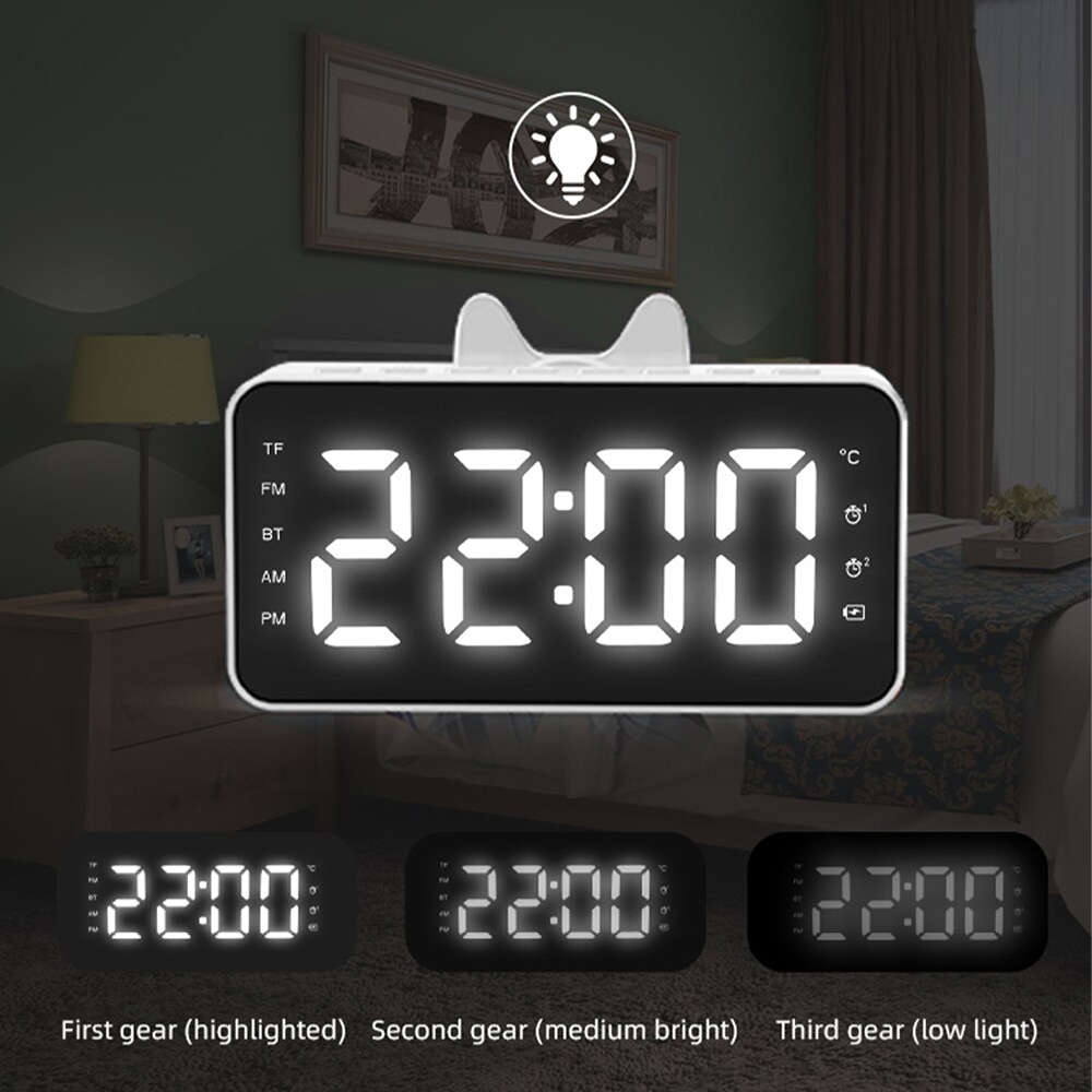 LCD Mirror Alarm Clock With TF Bluetooth Speaker FM Radio Thermometer White