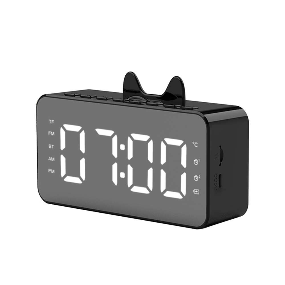 LCD Mirror Alarm Clock With TF Bluetooth Speaker FM Radio Thermometer Black