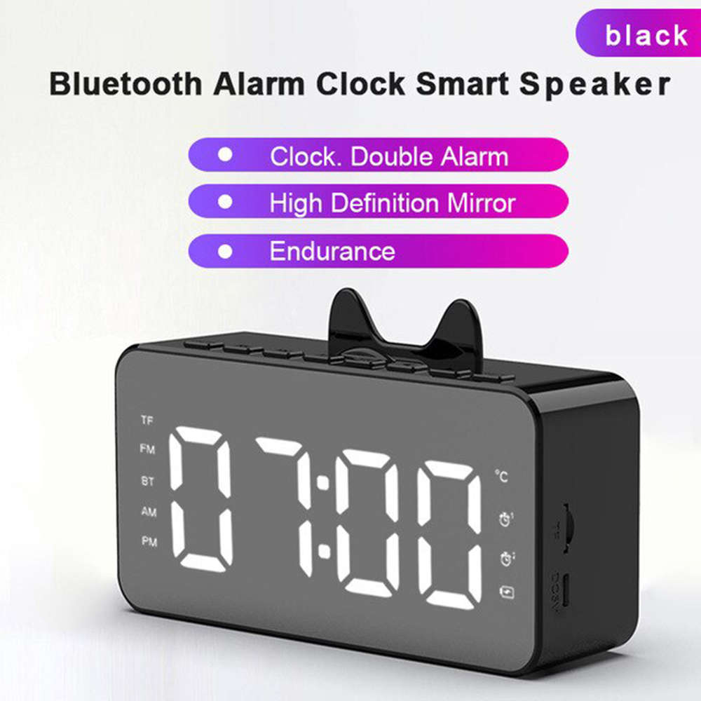 LCD Mirror Alarm Clock With TF Bluetooth Speaker FM Radio Thermometer Black