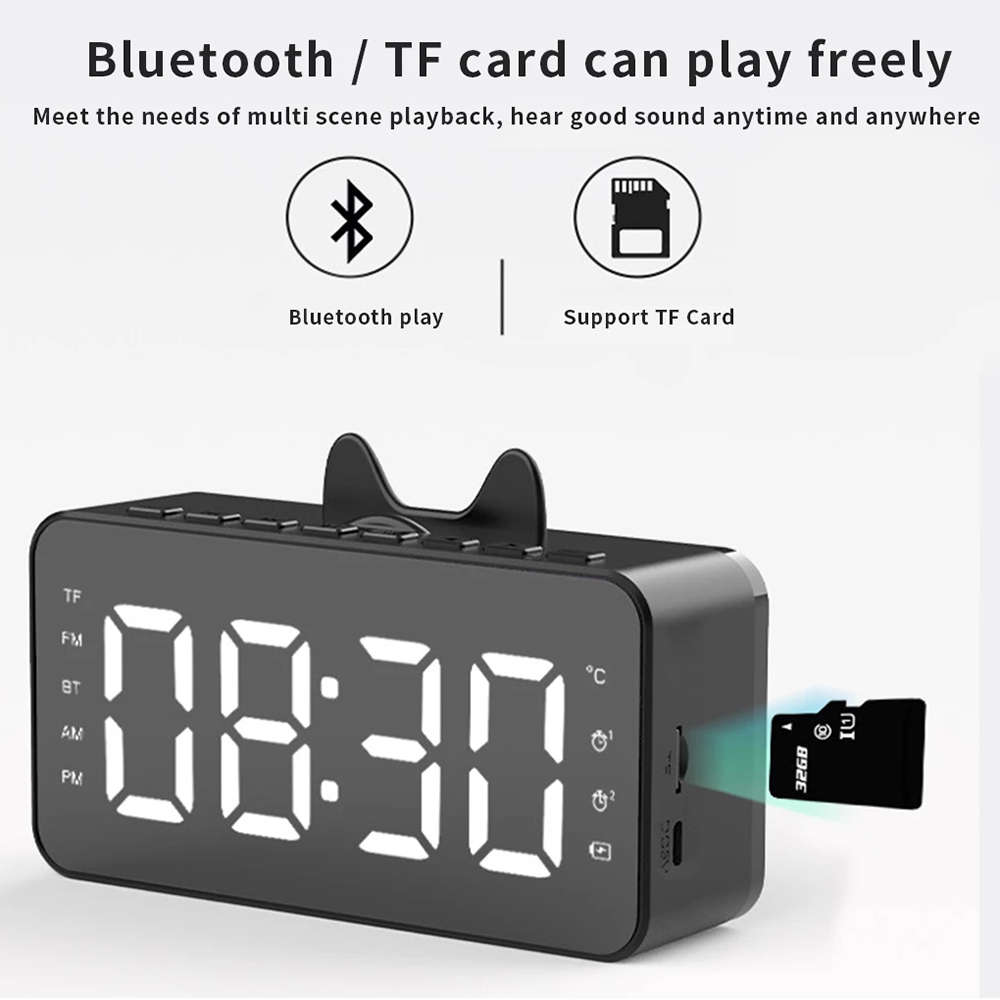 LCD Mirror Alarm Clock With TF Bluetooth Speaker FM Radio Thermometer Black