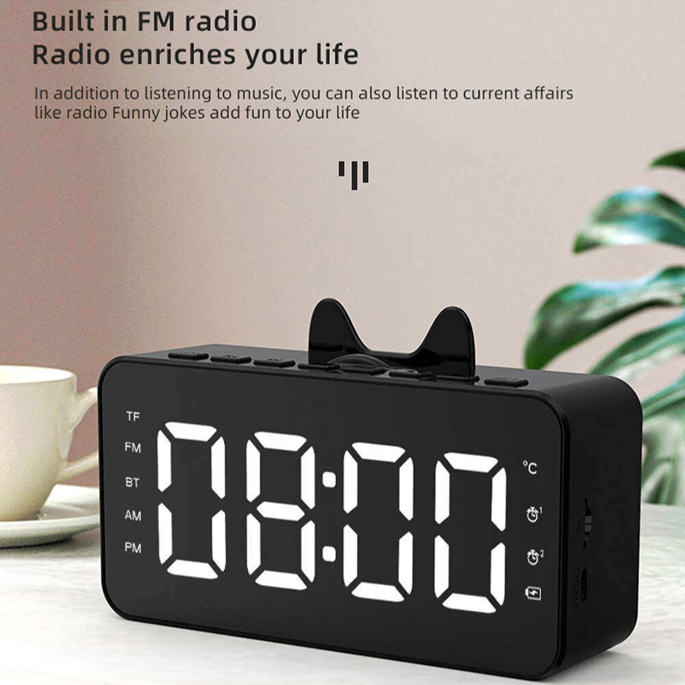 LCD Mirror Alarm Clock With TF Bluetooth Speaker FM Radio Thermometer Black
