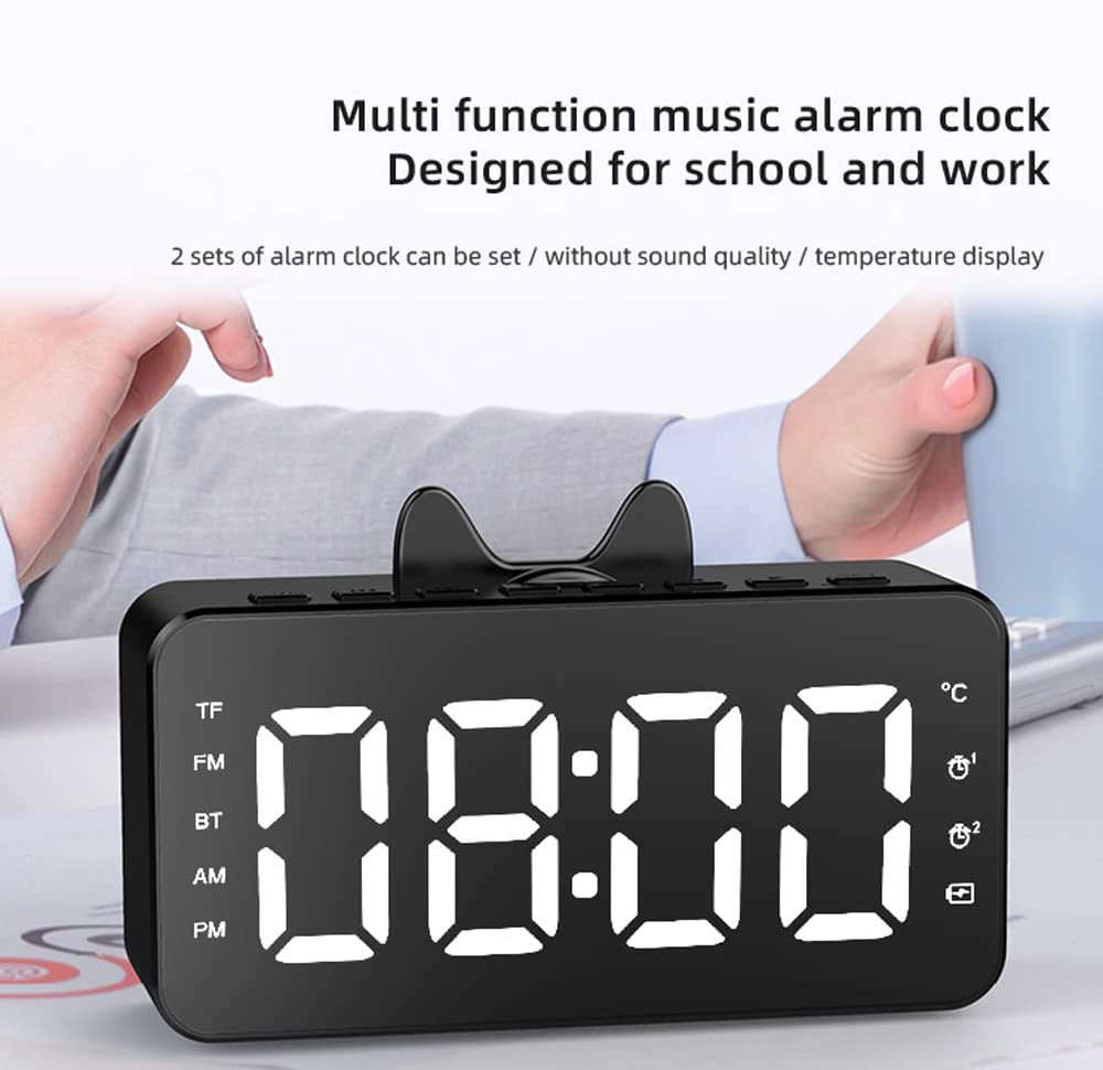 LCD Mirror Alarm Clock With TF Bluetooth Speaker FM Radio Thermometer Black
