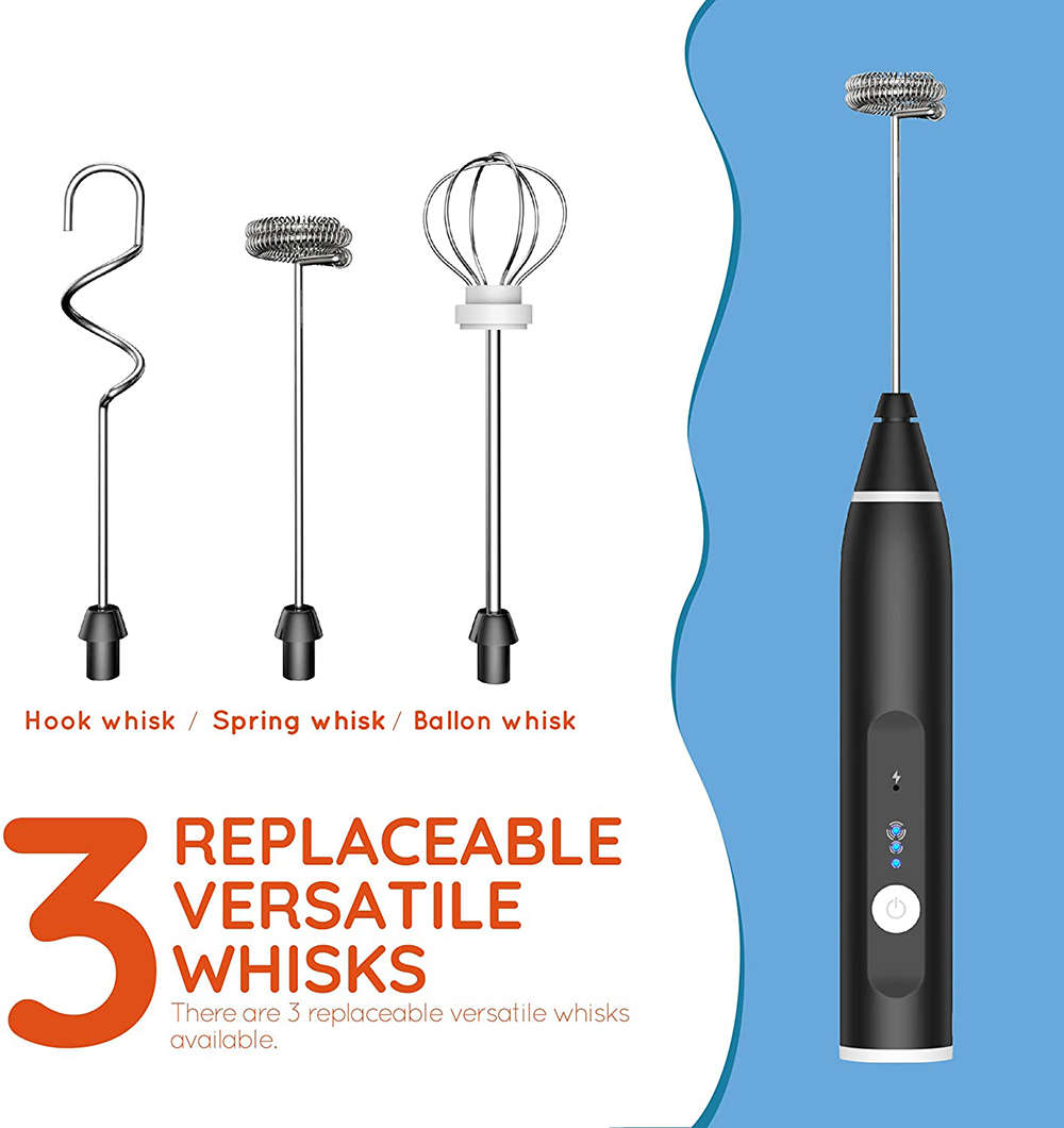 Handheld 3-Speed USB Electric Milk Frother Egg Blender with 3 Heads -Silver