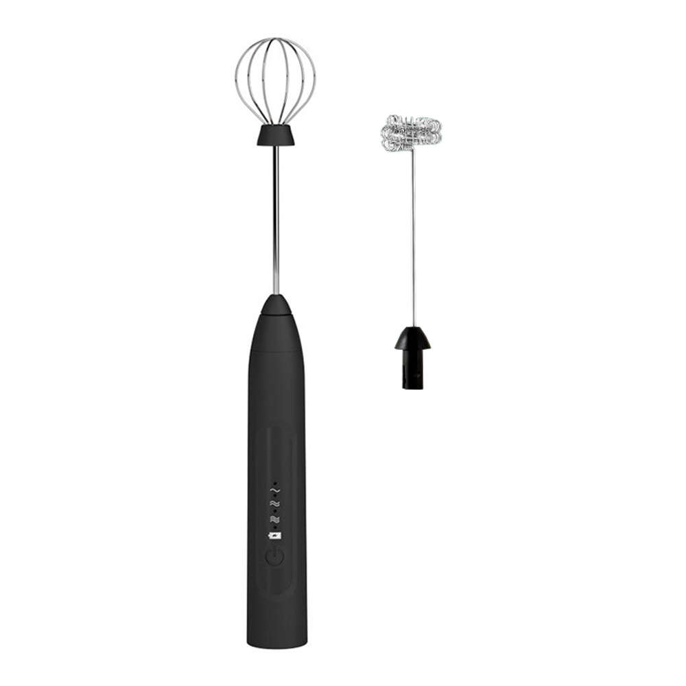 Handheld Electric USB 3-Speed Milk Frother Egg Blender with 2 Heads - Black