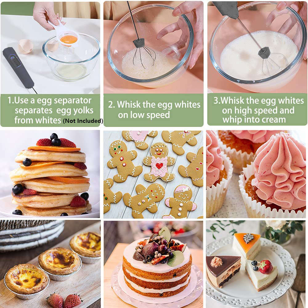 Handheld Electric USB 3-Speed Milk Frother Egg Blender with 2 Heads - Black