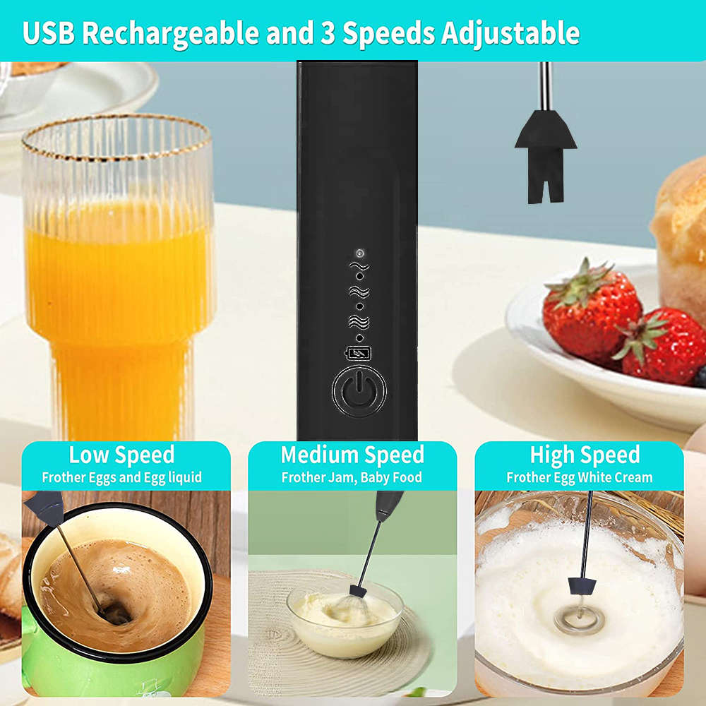 Handheld Electric USB 3-Speed Milk Frother Egg Blender with 2 Heads - Black