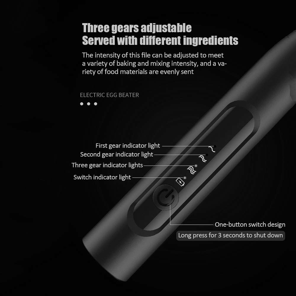 Handheld Electric USB 3-Speed Milk Frother Egg Blender with 2 Heads - Black