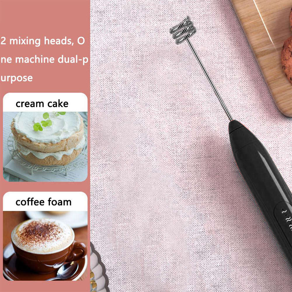 Handheld Electric USB 3-Speed Milk Frother Egg Blender with 2 Heads - Black