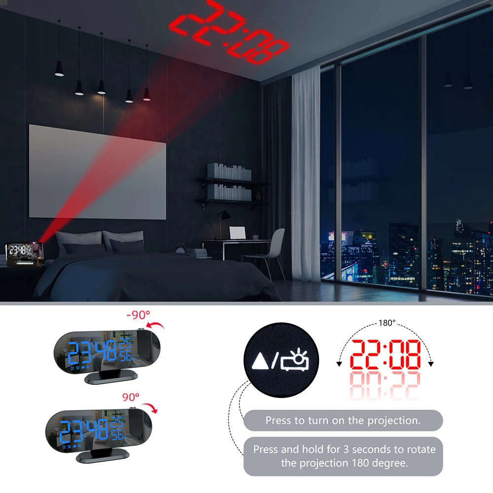 180° Mirror LED Projection Alarm Clock with FM Snooze T & H Display