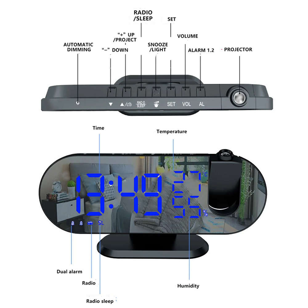 180° Mirror LED Projection Alarm Clock with FM Snooze T & H Display