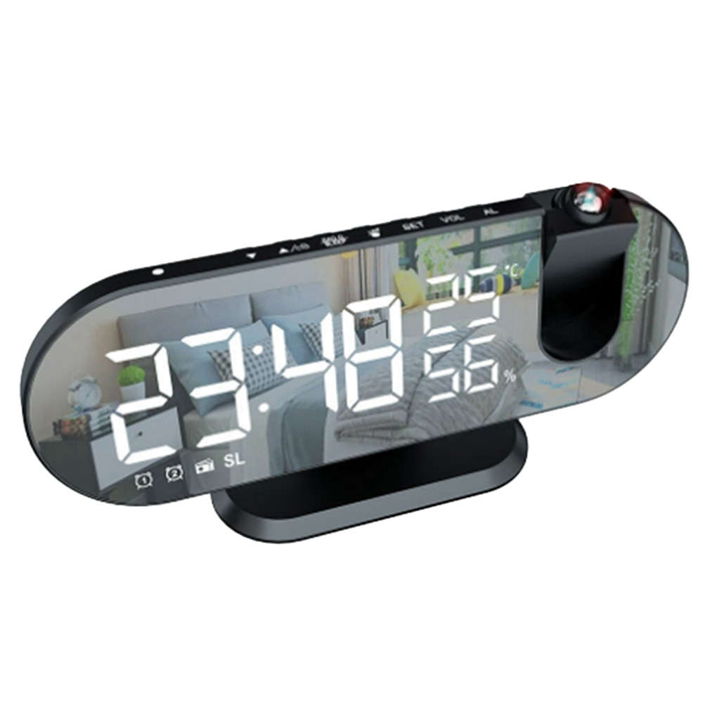 180° Mirror LED Projection Alarm Clock with FM Snooze T & H Display - White