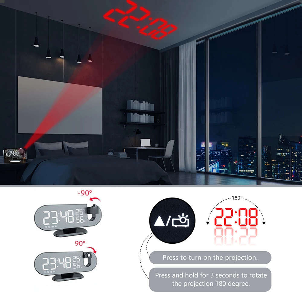 180° Mirror LED Projection Alarm Clock with FM Snooze T & H Display - White