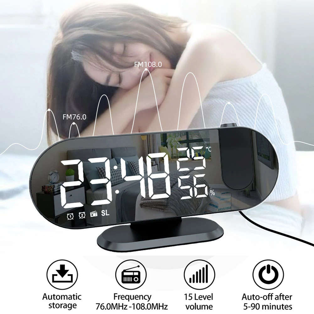 180° Mirror LED Projection Alarm Clock with FM Snooze T & H Display - White