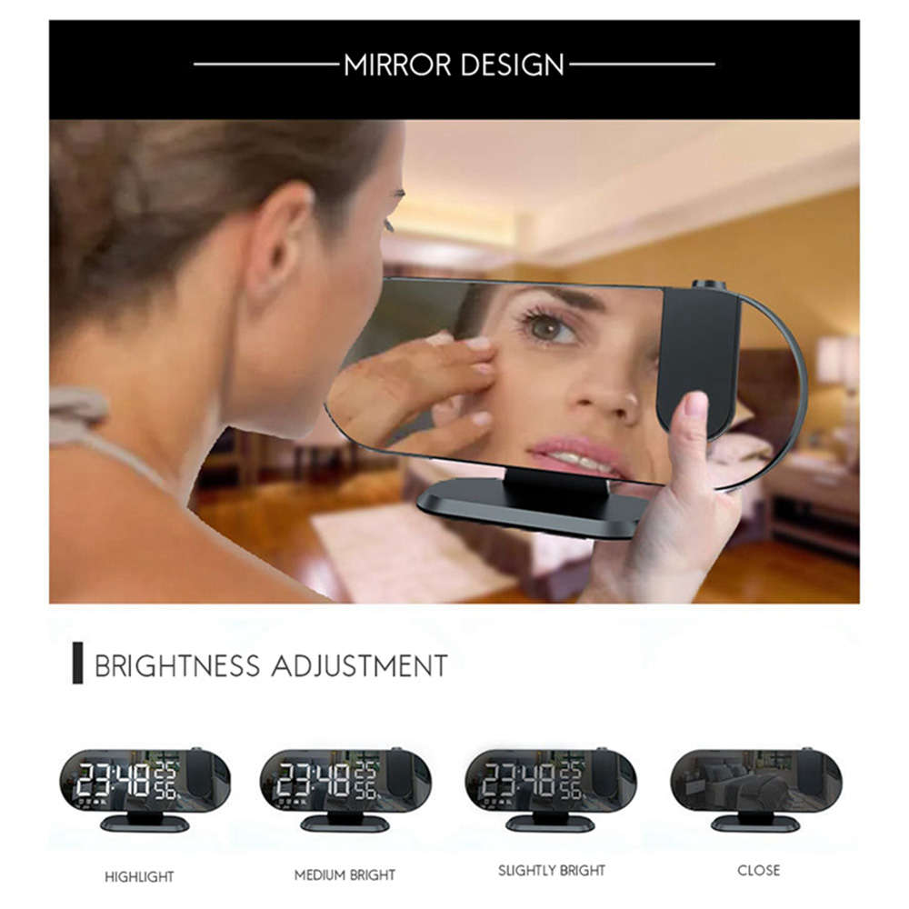 180° Mirror LED Projection Alarm Clock with FM Snooze T & H Display - White