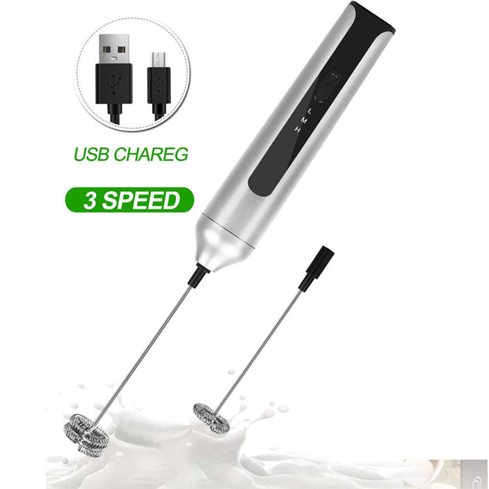 3-Speed Handheld USB Electric Milk Whisk Coffee Foam Maker with 2 Heads