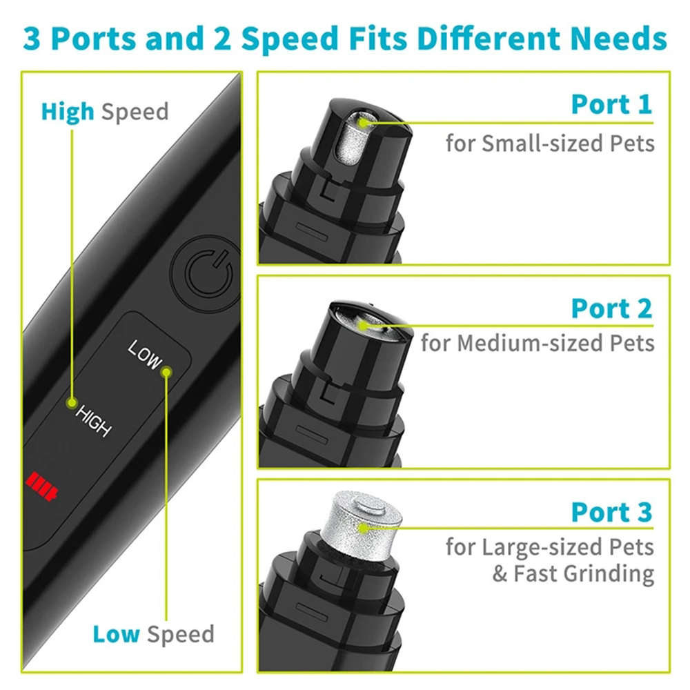 2 Speeds Electric Pet Nail Grinder for Dog Cat Claw Grooming - Black