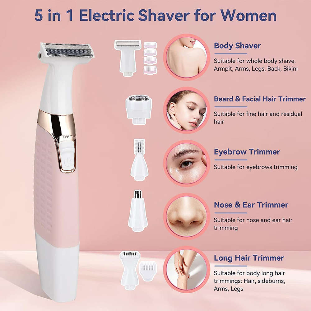 Portable 5 in 1 Wet/Dry Electric Shaver Razor for Face Nose Eyebrow Armpit