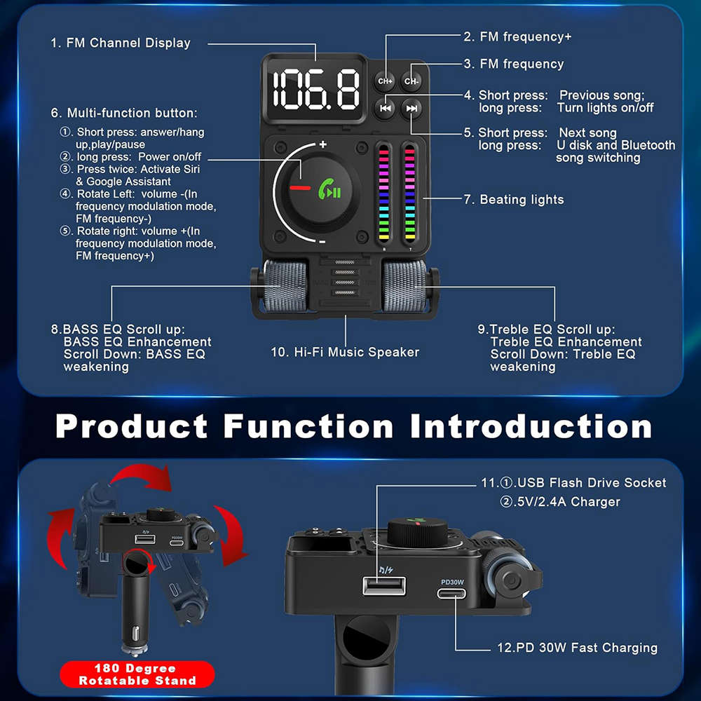 Wireless In-Car Bluetooth 5.3 FM Transmitter Radio Adapter