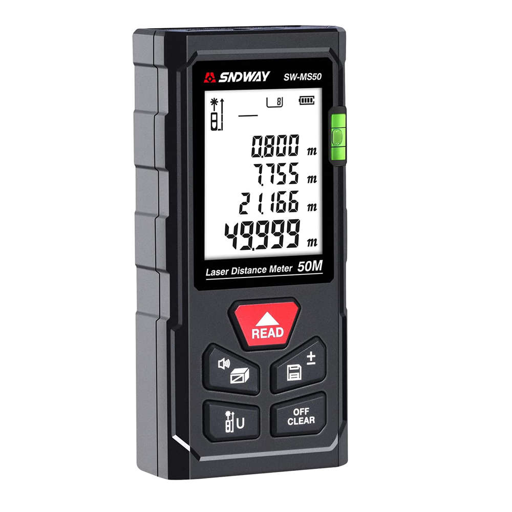 50M Handheld Digital Laser Distance Meter with Backlit LCD & Bubble Levels
