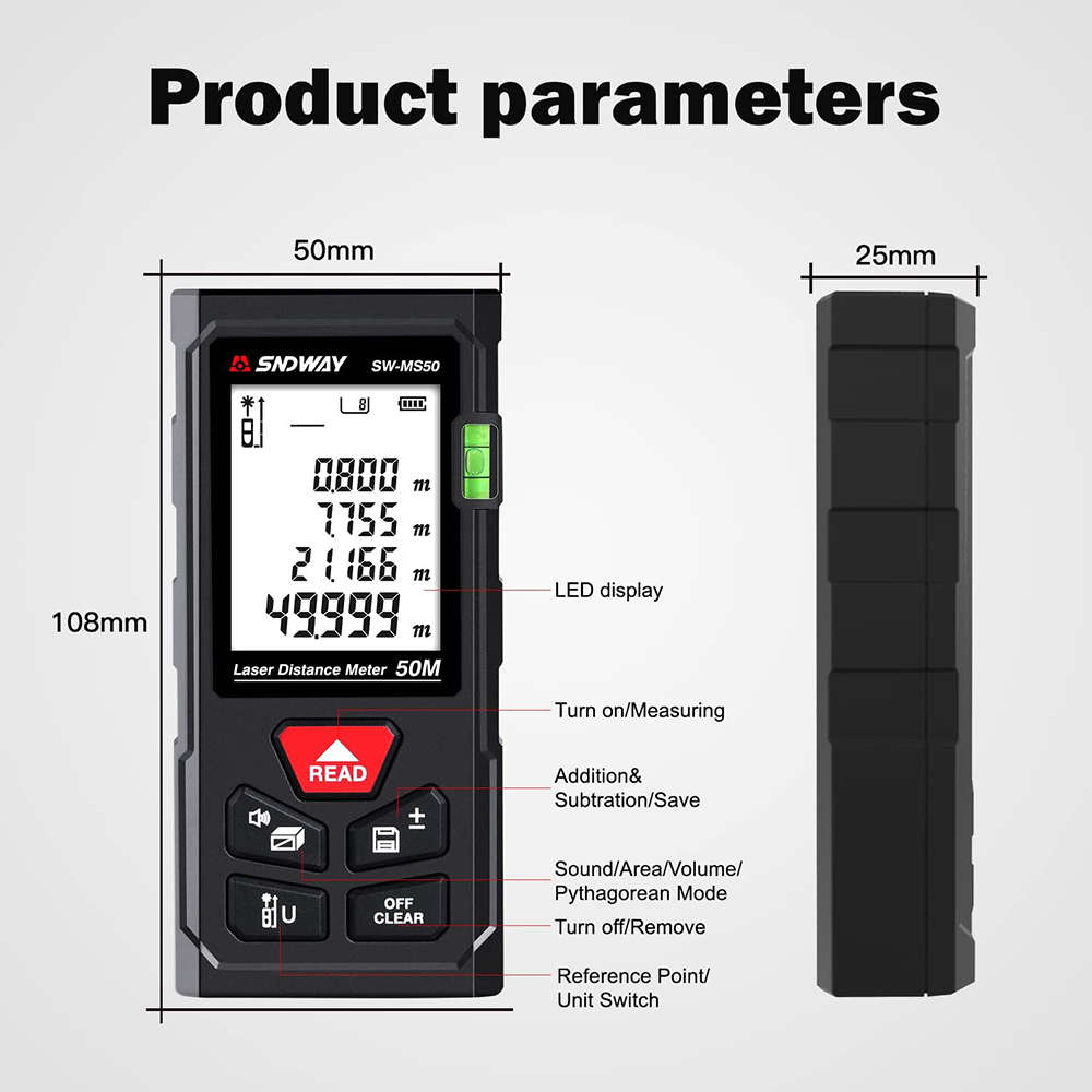 50M Handheld Digital Laser Distance Meter with Backlit LCD & Bubble Levels