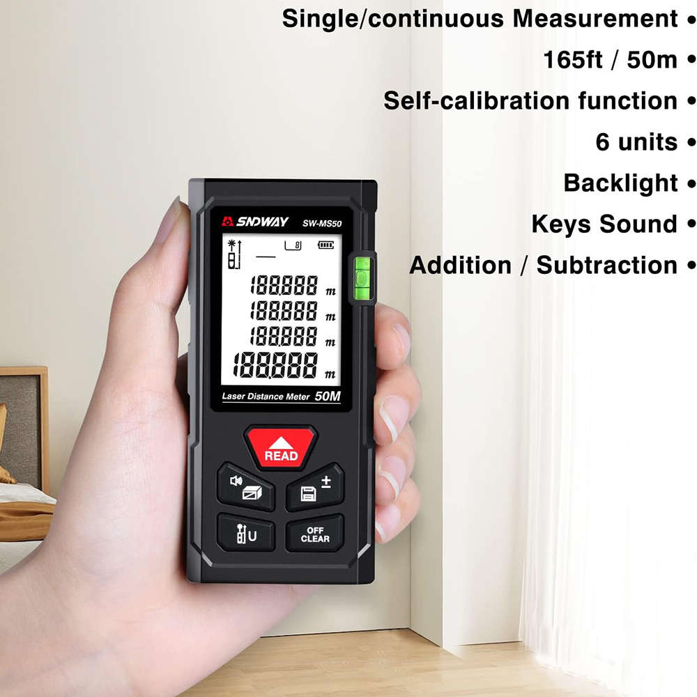50M Handheld Digital Laser Distance Meter with Backlit LCD & Bubble Levels