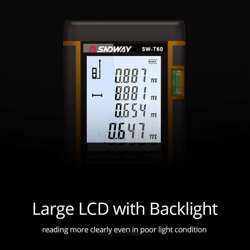 60M Digital Laser Distance Measuring Meter with Bubble Level & Backlit LCD