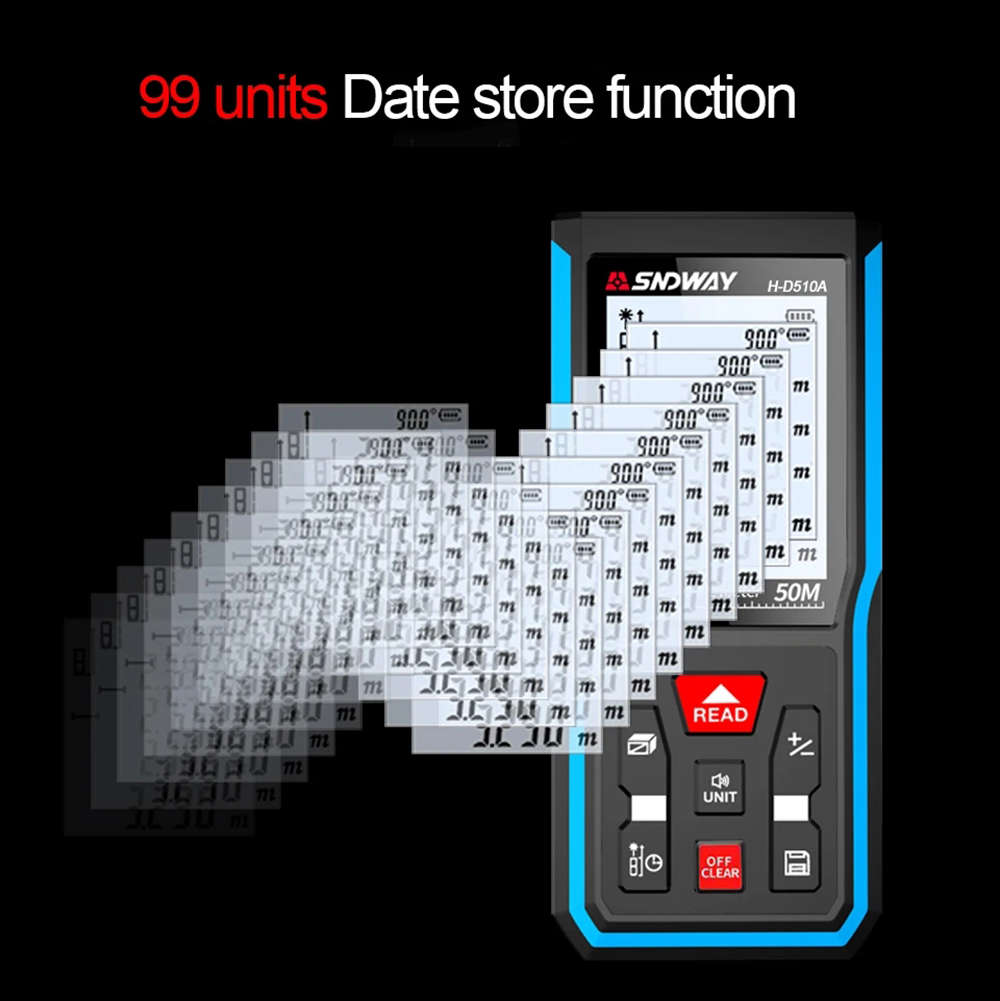 50M Handheld Digital Laser Distance Meter with Large Backlit LCD Display