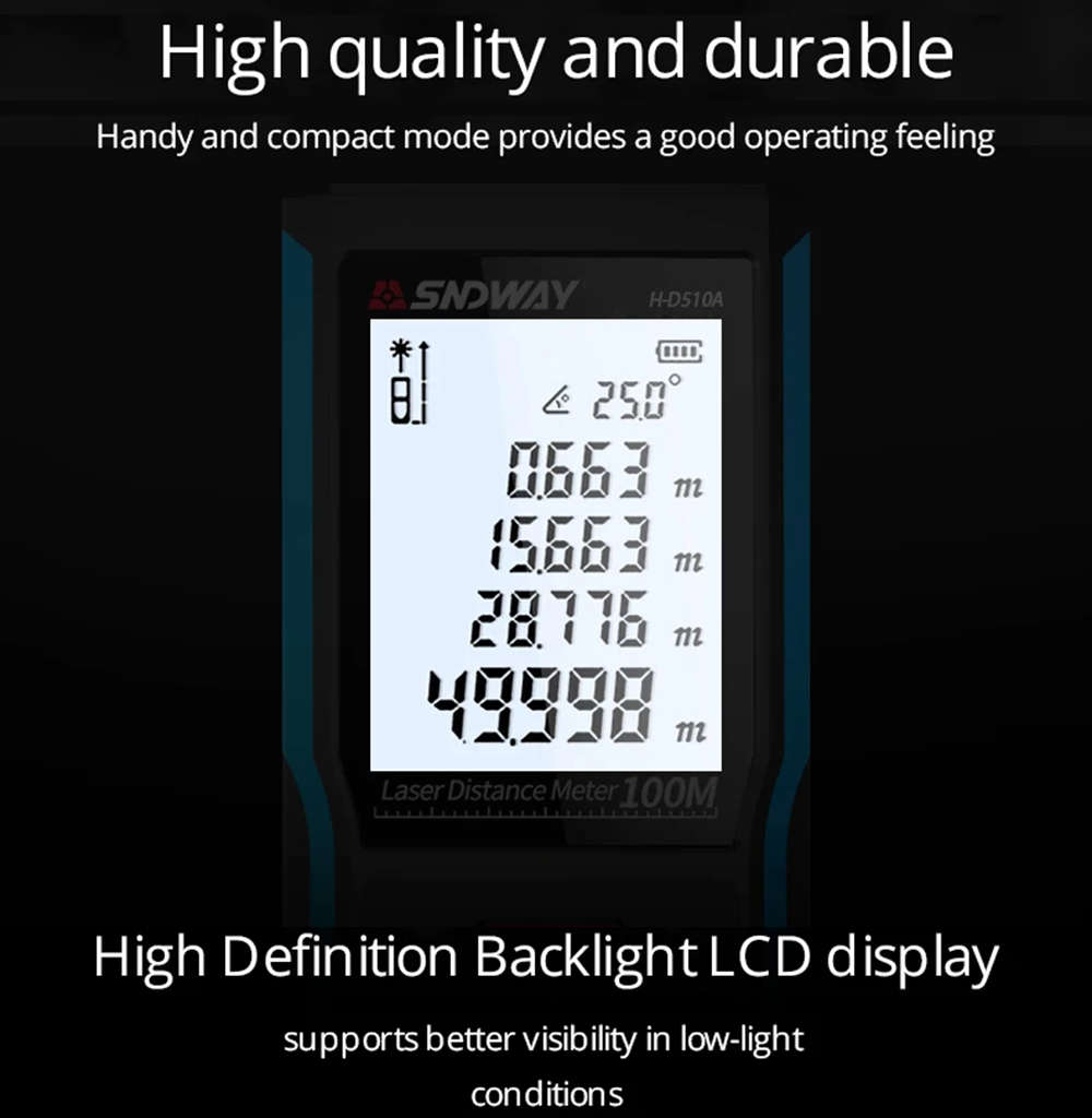 50M Handheld Digital Laser Distance Meter with Large Backlit LCD Display