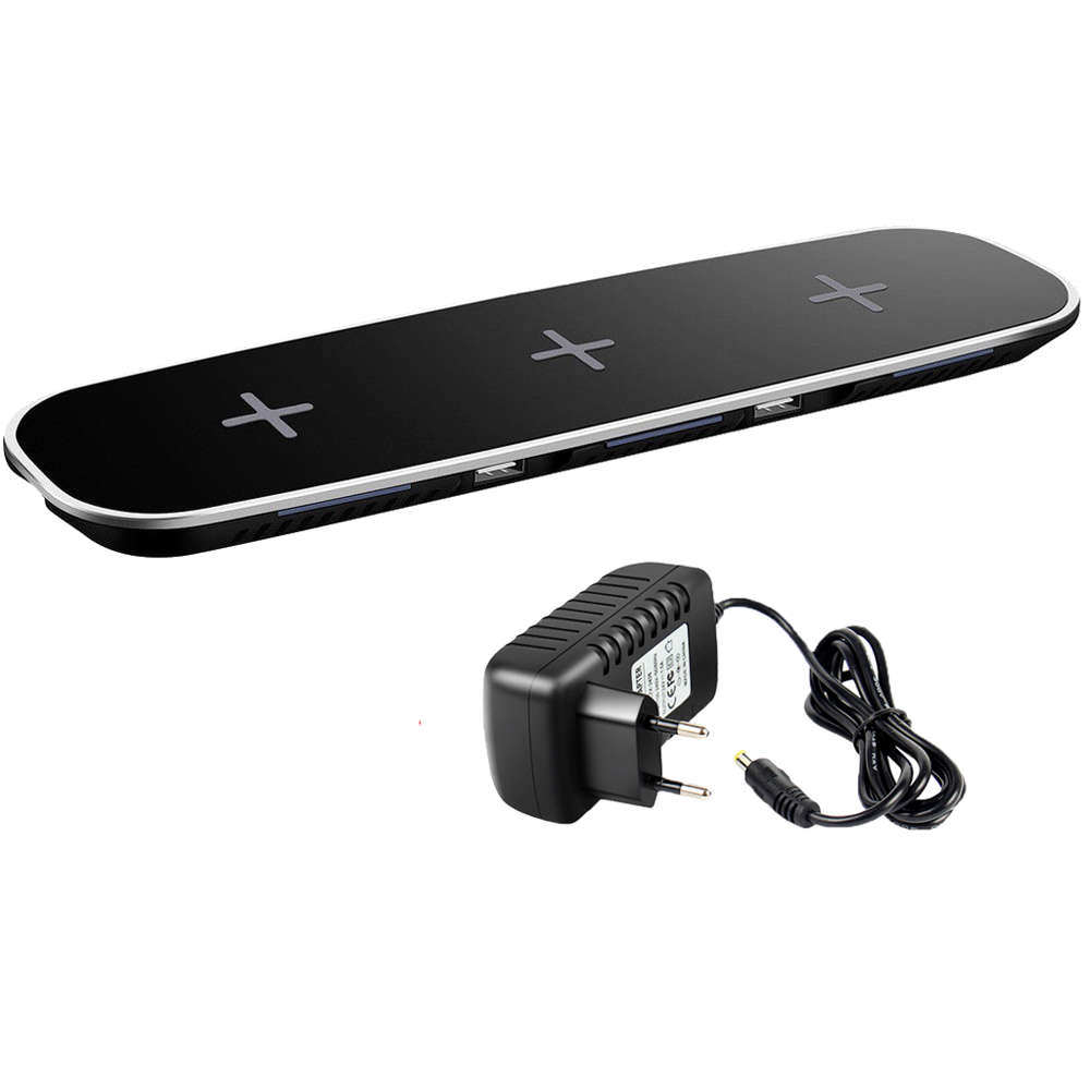 3 in 1 Qi Fast Wireless Charger Pad With 2 USB Ports-Black
