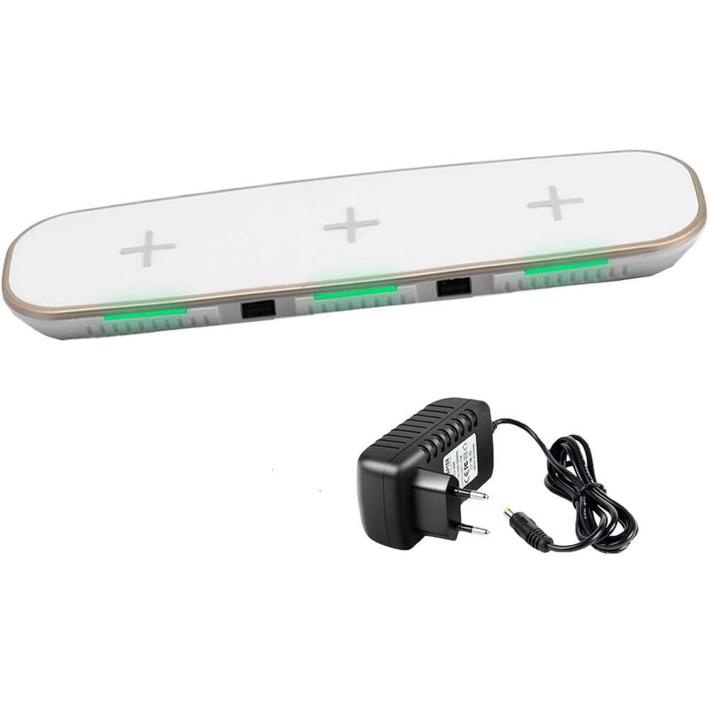 3 in 1 Qi Fast Wireless Charger Pad With 2 USB Ports-White