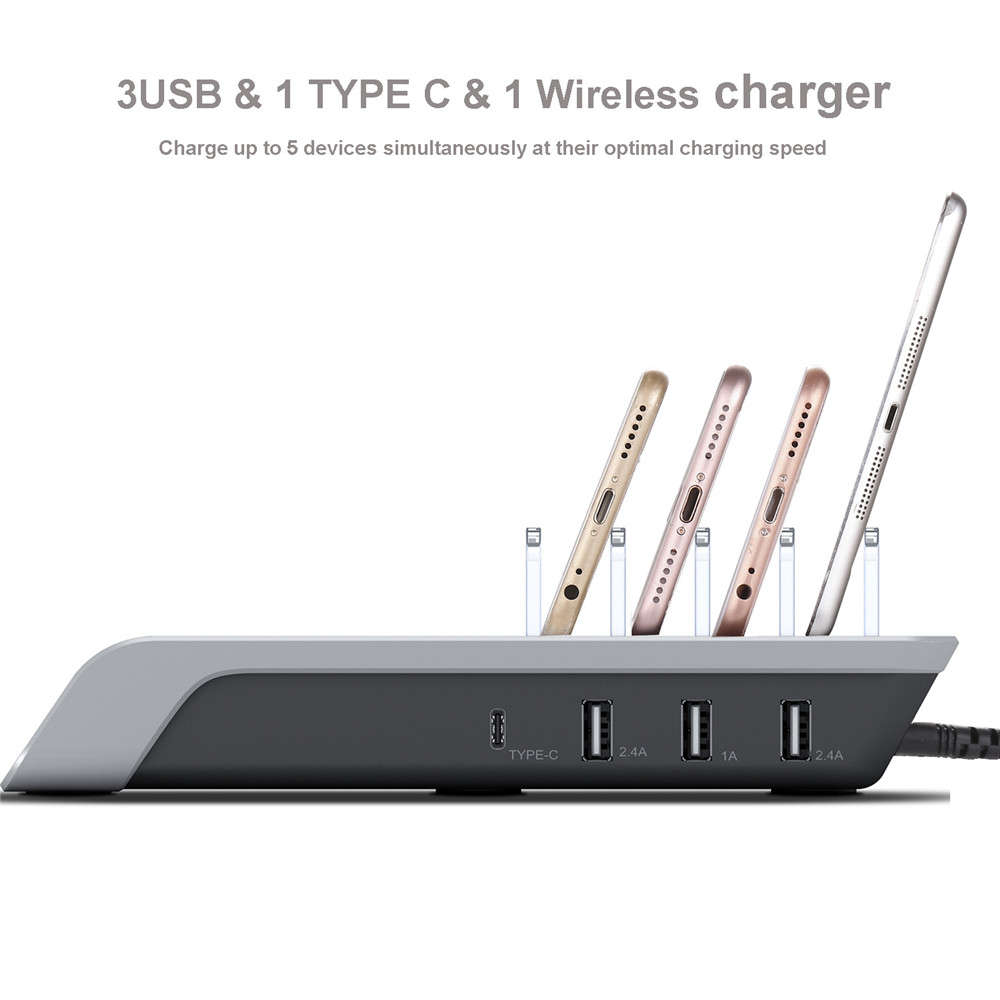 Smart Multiple 4 Ports Charging Station with Qi Wireless Charger