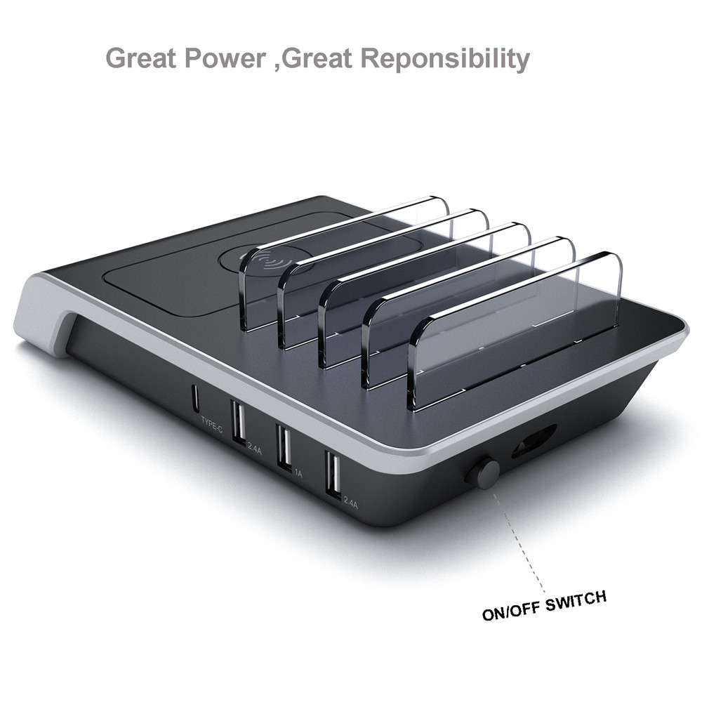 Smart Multiple 4 Ports Charging Station with Qi Wireless Charger