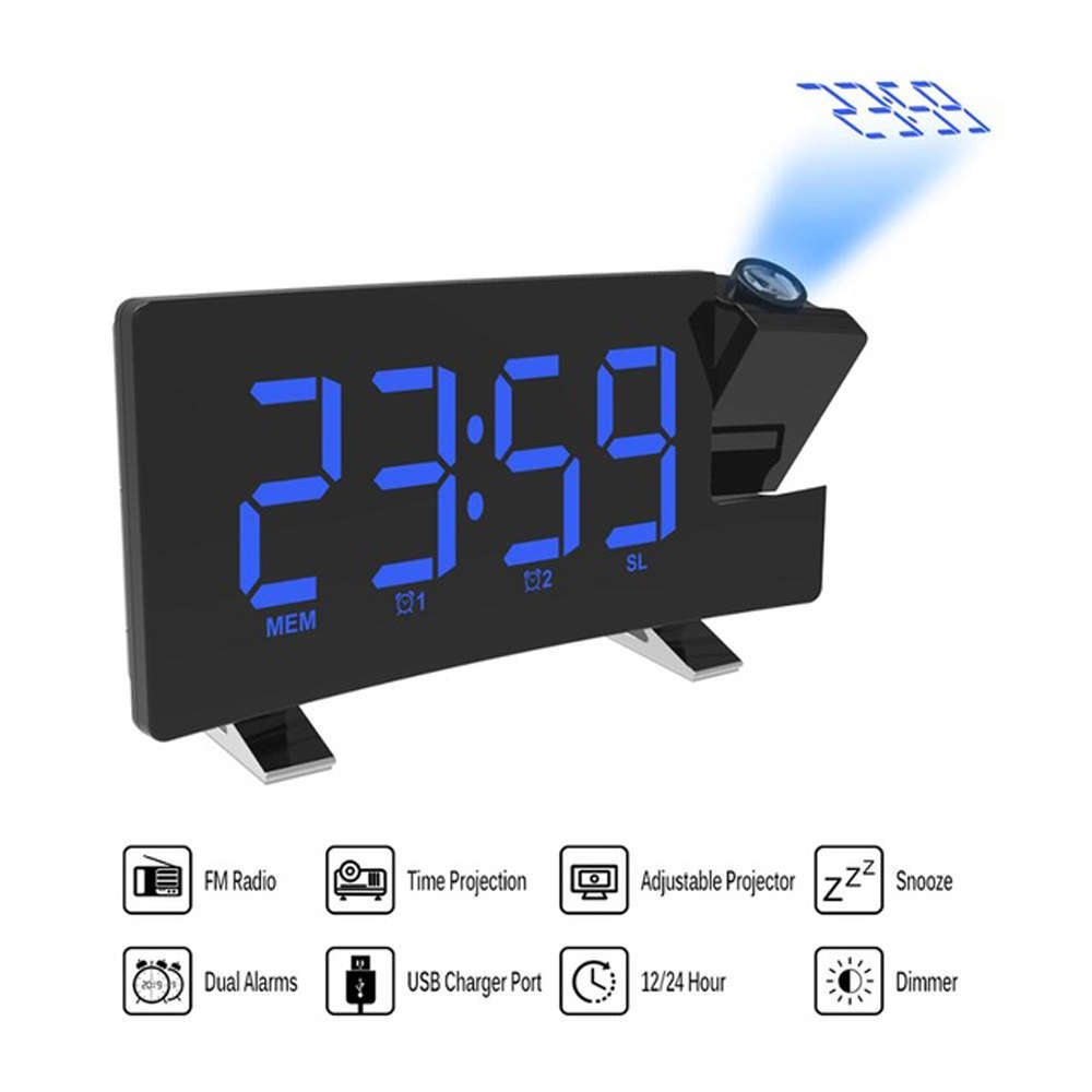 Digital Projector LED Display USB FM Radio Alarm Clock-Blue Light
