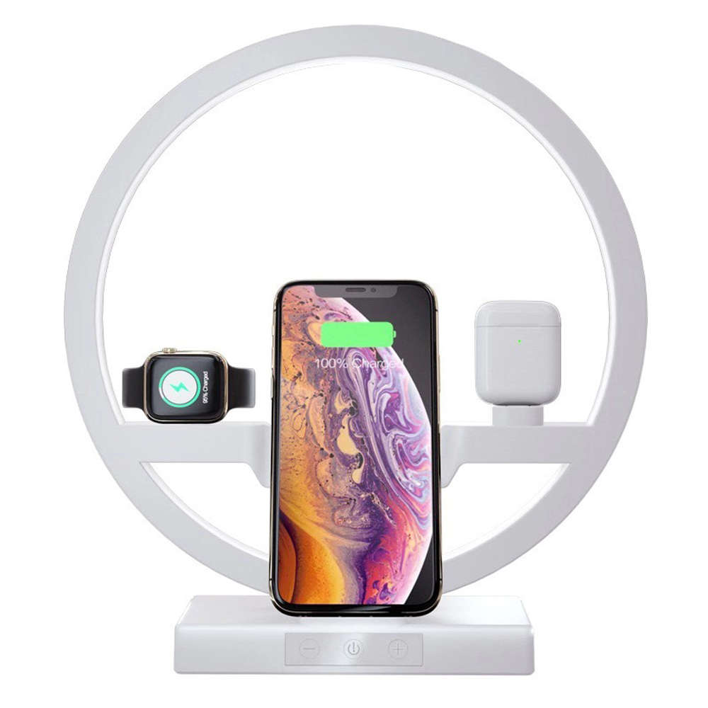 4 in 1 Fast Wireless Charging Dock Station with LED Desk Lamp-White