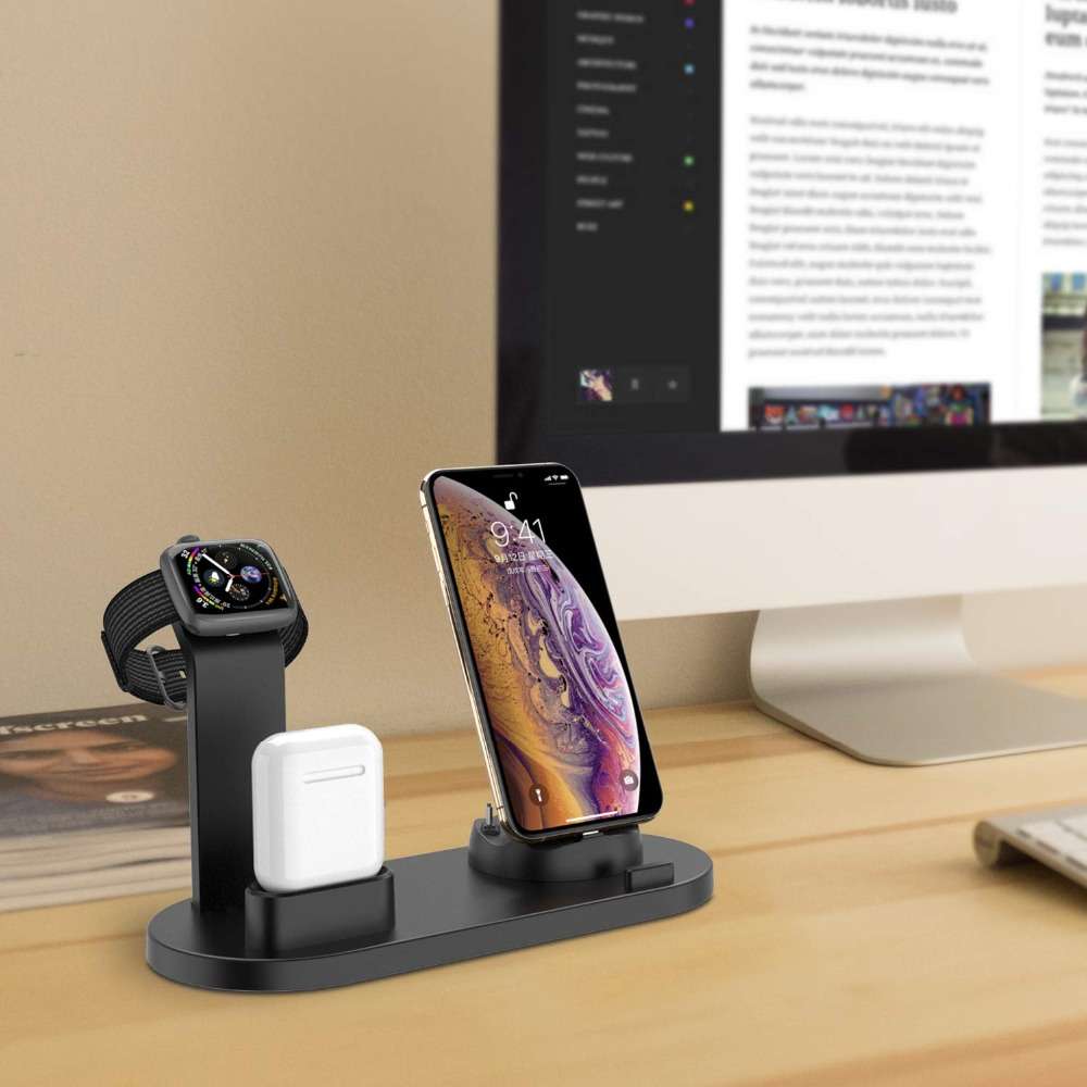 3 in 1 Multifunctional Rotatable Charging Dock Station - Type C, Apple Port and MicroUSB -  Black