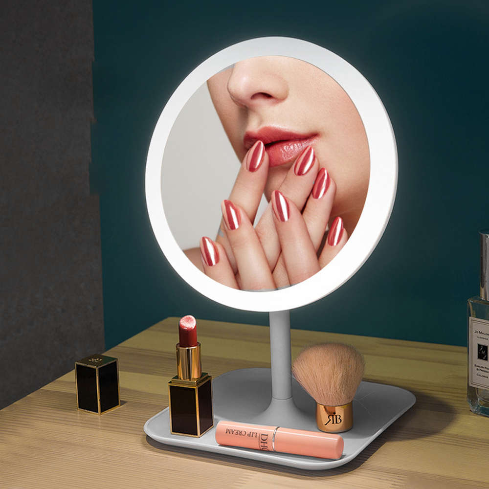 Rechargeable Rotation LED Light Makeup Mirror with Storage Stand-White