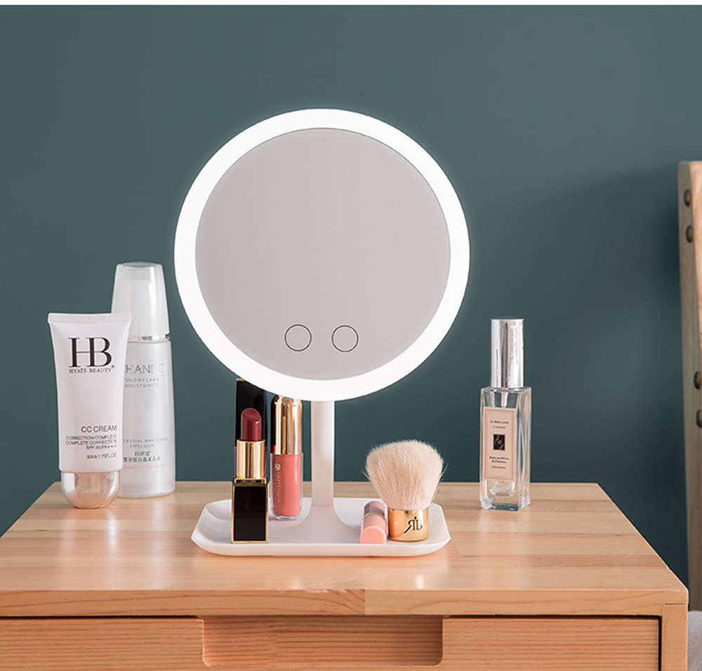 Rechargeable Rotation LED Light Makeup Mirror with Storage Stand-White